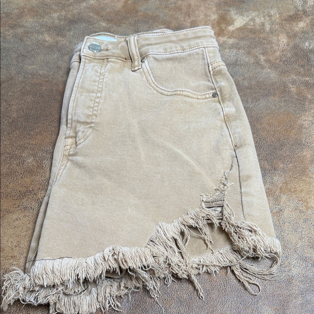 Risen Frayed Hem Tan Jean Shorts